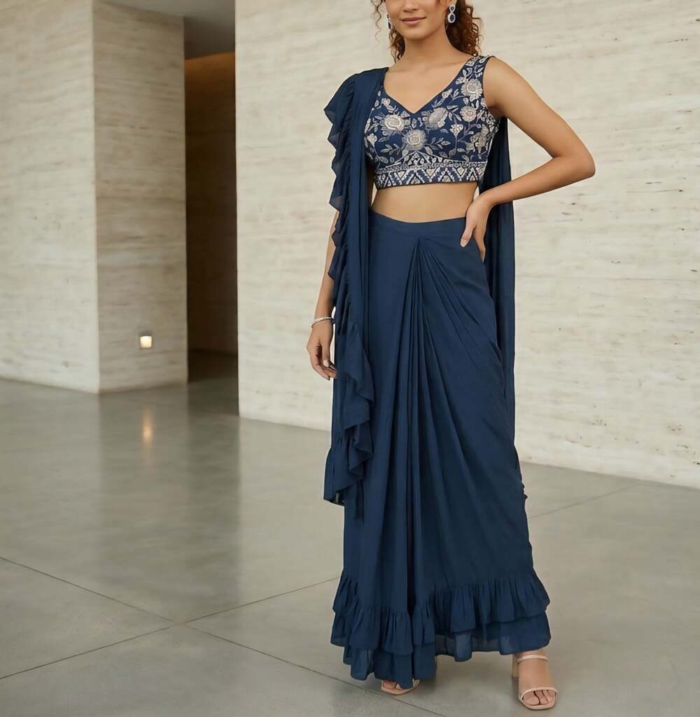 Navy Blue Chinon Silk Ruffle Skirt Saree & Embroidered  Blouse Set small